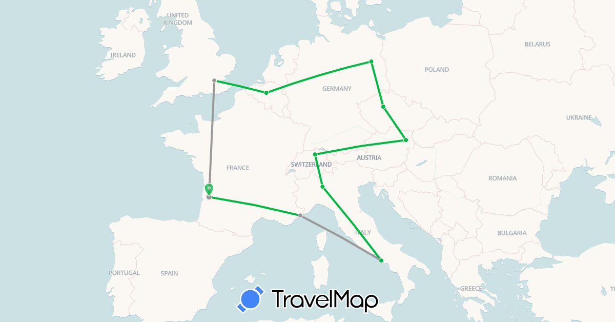 TravelMap itinerary: driving, bus, plane in Austria, Belgium, Switzerland, Czech Republic, Germany, France, United Kingdom, Italy (Europe)